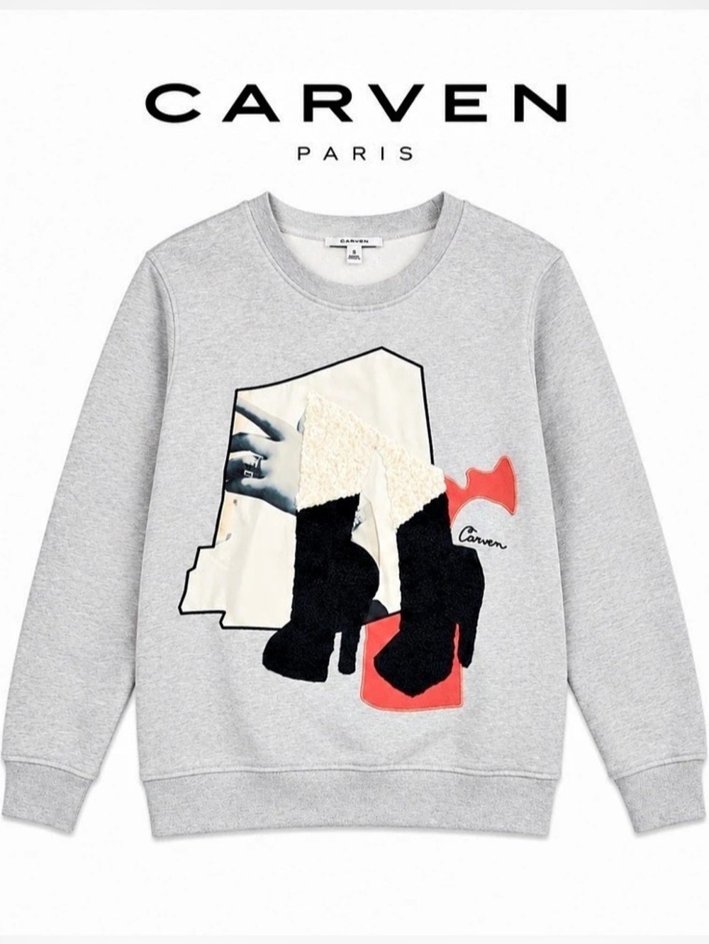 Carven Chenille Boot Graphic Sweatshirt Gray & Black Small CARVEN Fall 2015